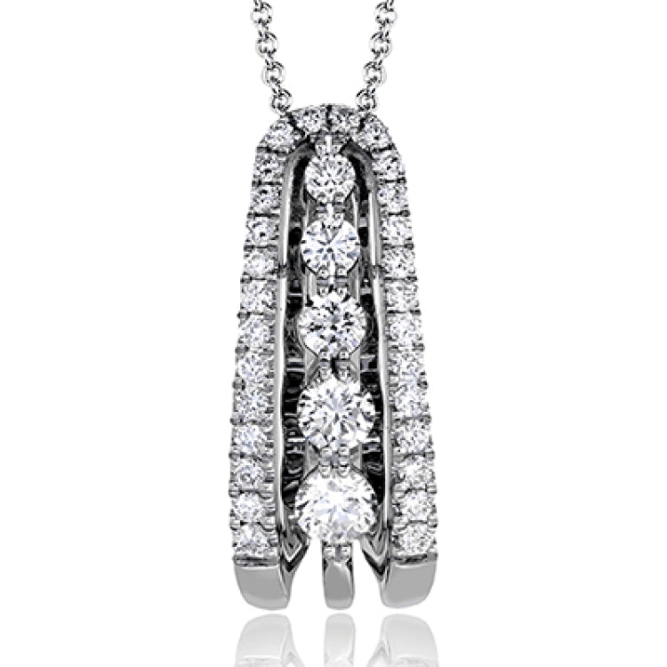 Presenting a dramatic contemporary design, this white gold pendant is accentuated by .60 ctw of round cut diamonds in graduated sizes.