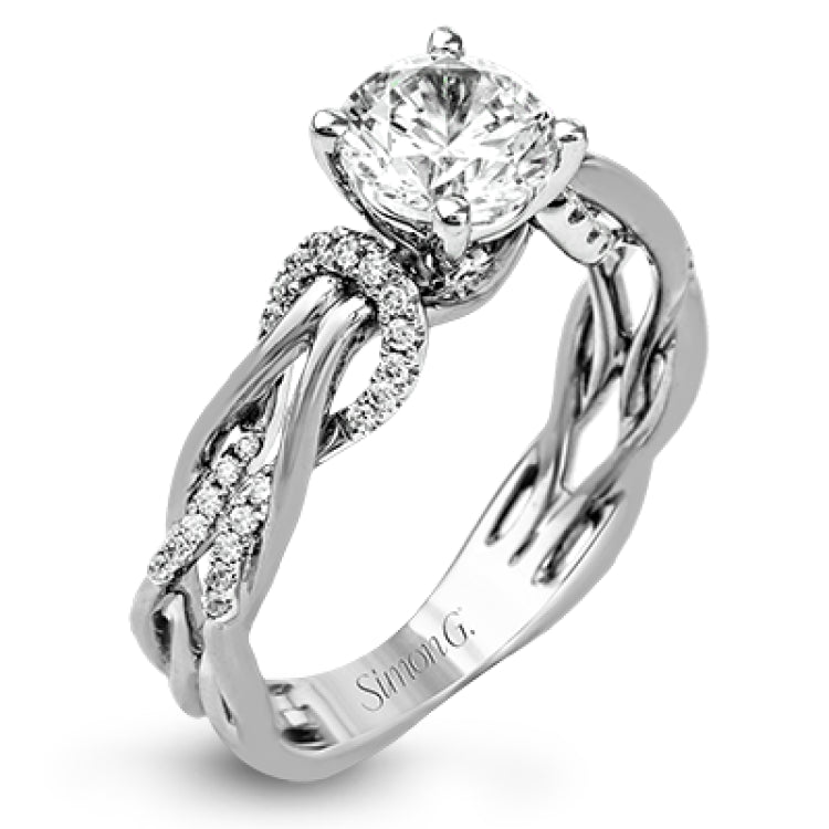 This impressive contemporary two-tone engagement ring features a unique twisting design on the shank, which is complemented by .17 ctw of round cut white diamonds.