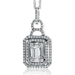Reflecting a distinctive design, this elegant pendant is set with .38 ctw baguette cut diamonds, .08 ctw round cut pink diamonds. and .20 ctw round cut white diamonds.