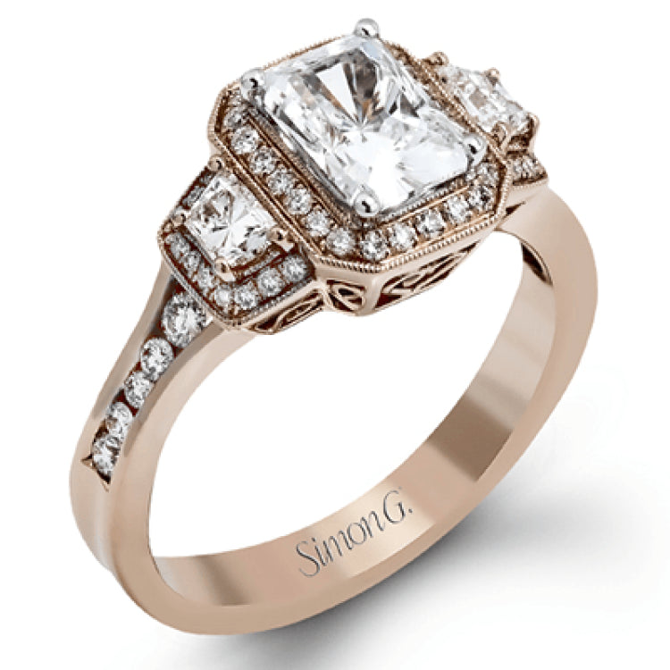 Featuring a lovely romantic setting, this white gold contemporary ring features an exquisite halo and .33 ctw of shimmering round cut white diamonds complemented by .34 ctw of trapezoid side diamonds.