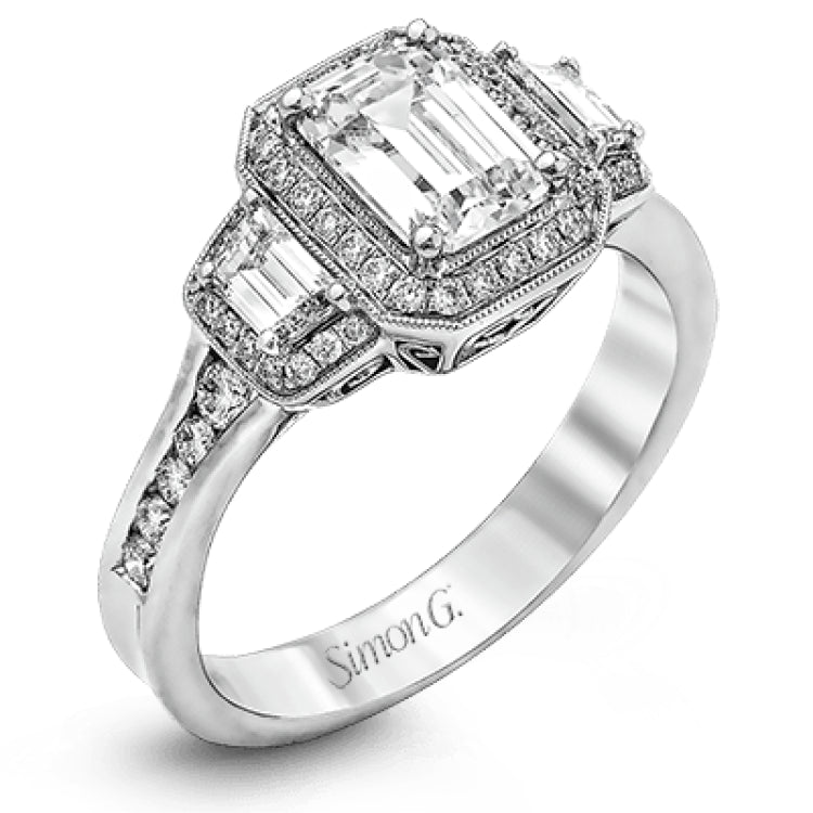 Featuring a lovely romantic setting, this white gold contemporary ring features an exquisite halo and .33 ctw of shimmering round cut white diamonds complemented by .34 ctw of trapezoid side diamonds.