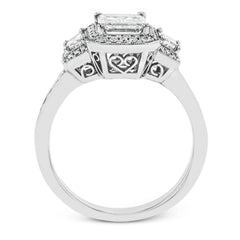 Featuring a lovely romantic setting, this white gold contemporary ring features an exquisite halo and .33 ctw of shimmering round cut white diamonds complemented by .34 ctw of trapezoid side diamonds.