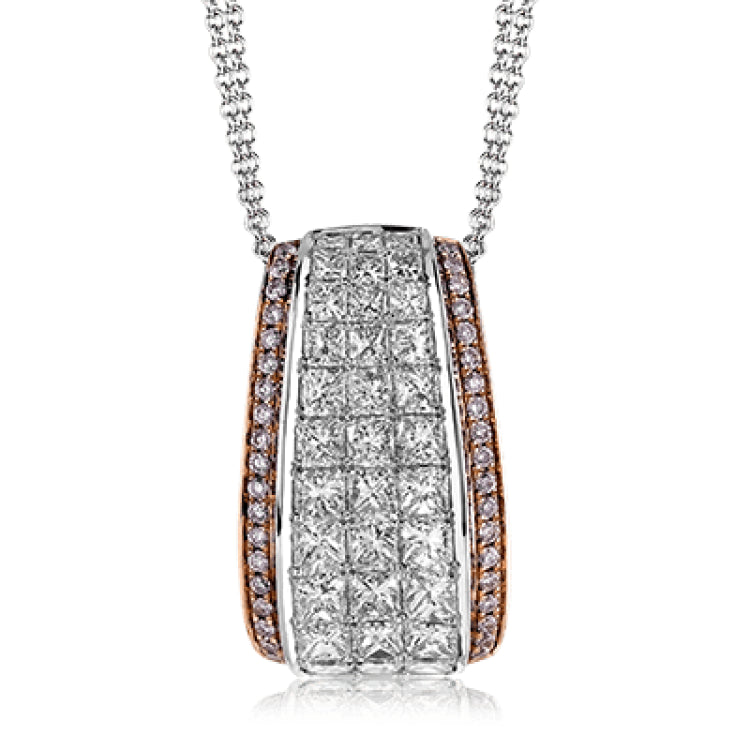 The lovely contemporary design of this white and rose gold pendant is enhanced by the presence of .14 ctw round cut pink diamonds complemented by 1.42 ctw princess cut white diamonds.