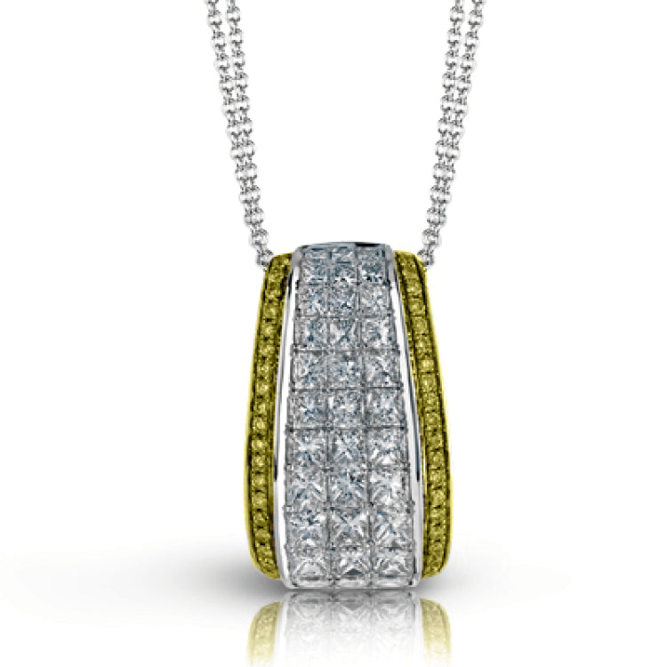The lovely contemporary design of this white and rose gold pendant is enhanced by the presence of .14 ctw round cut pink diamonds complemented by 1.42 ctw princess cut white diamonds.