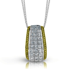 The lovely contemporary design of this white and rose gold pendant is enhanced by the presence of .14 ctw round cut pink diamonds complemented by 1.42 ctw princess cut white diamonds.