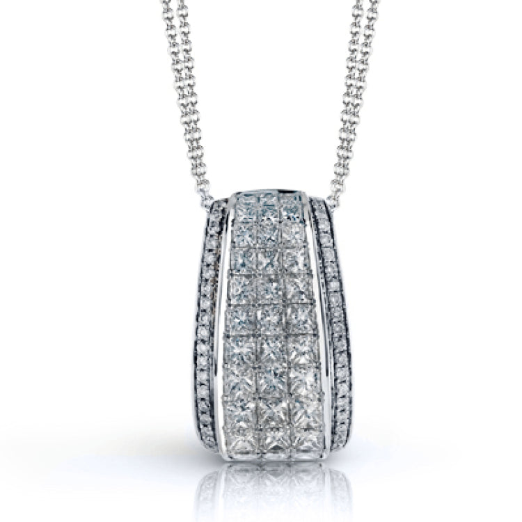 The lovely contemporary design of this white and rose gold pendant is enhanced by the presence of .14 ctw round cut pink diamonds complemented by 1.42 ctw princess cut white diamonds.