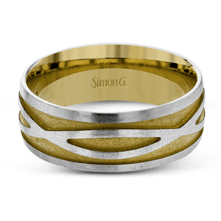 This striking men's two-tone wedding band presents an intricate entwined infinity design in white gold set against a rose gold background.