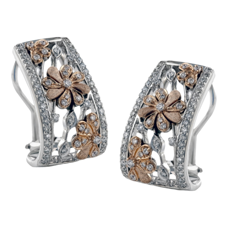 Exquisitely crafted, these two-tone gold earrings feature a lovely floral pattern and contain .74 ctw of white diamonds.