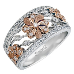 Showcasing a vintage garden floral design with a contemporary flair, this band-style ring is set with .53 ctw of sparkling round-cut white diamonds. Two rows of shimmering diamonds finish this ring.