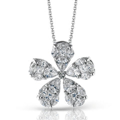 The elegant floral design of this white gold pendant is accentuated by a five petal design with .15 ctw of princess cut diamonds, .48 ctw pear shaped diamonds and .42 ctw marquise cut diamonds.