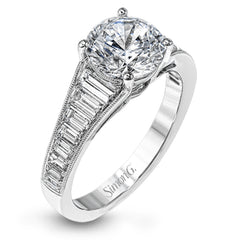 Baguette diamonds increasing in size lead the way to the center of this gorgeous engagement ring design. The outside edge is decorated with delicate milgrain, and this ring contains .98 ctw of side diamonds.