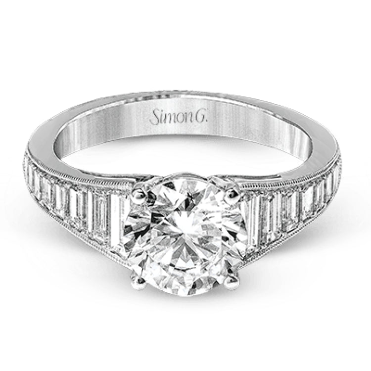 Baguette diamonds increasing in size lead the way to the center of this gorgeous engagement ring design. The outside edge is decorated with delicate milgrain, and this ring contains .98 ctw of side diamonds.