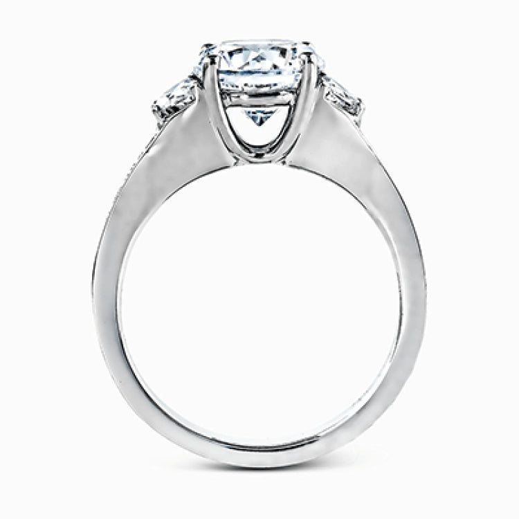 This classically designed white gold ring is emphasized by .18 ctw of white diamonds and .51 half moon shaped diamonds to create a memorable setting.