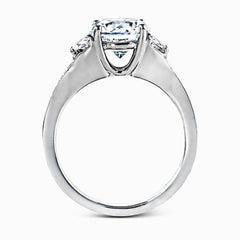 This classically designed white gold ring is emphasized by .18 ctw of white diamonds and .51 half moon shaped diamonds to create a memorable setting.