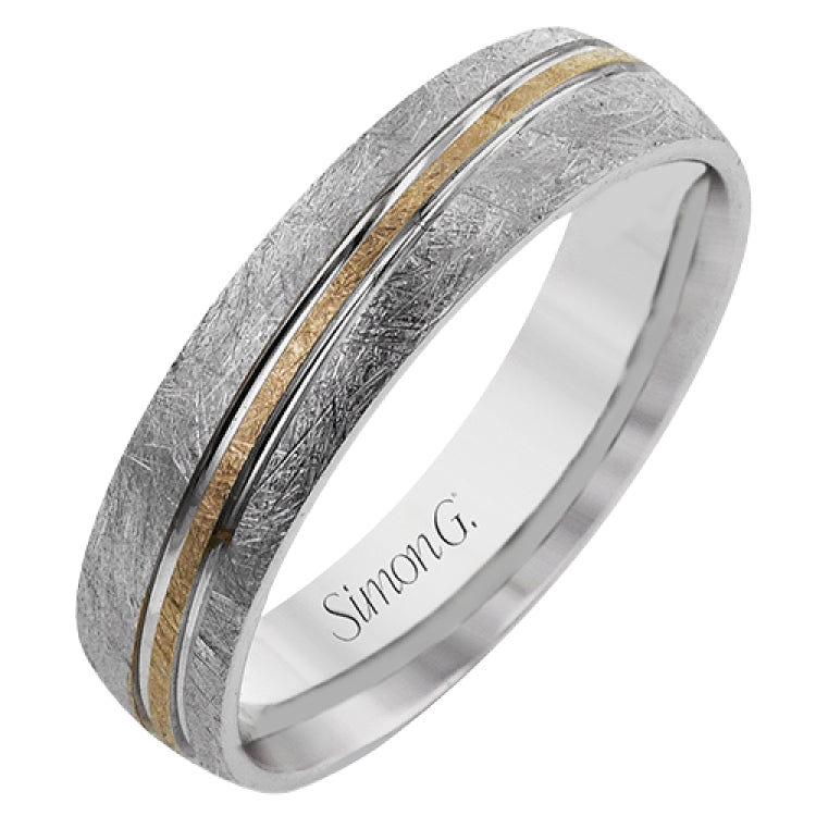 This men's band has a contemporary feel and a lived-in texture with one line of rose gold in the middle surrounded by white gold.