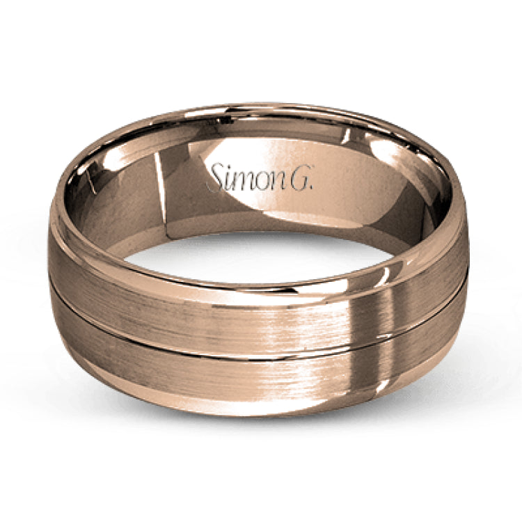This memorable two-tone men's wedding band features double columns of matte white gold outlined with a sleek outline of yellow gold.