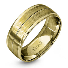 This memorable two-tone men's wedding band features double columns of matte white gold outlined with a sleek outline of yellow gold.