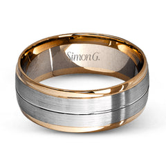 This memorable two-tone men's wedding band features double columns of matte white gold outlined with a sleek outline of yellow gold.
