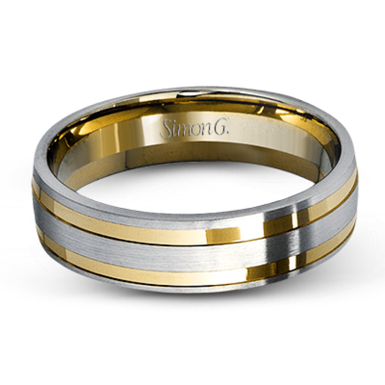 This two-tone gold men's band has a clean, modern design with both white and rose gold.
