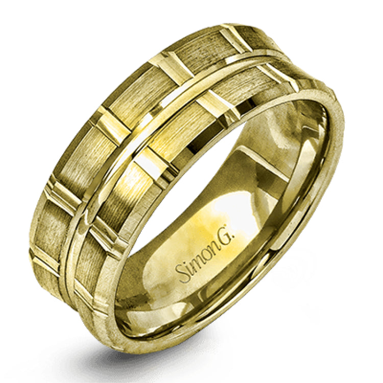 Two wide rows of sleek yellow gold are married with an elegant center cable of striking white gold in this arresting men's wedding band.