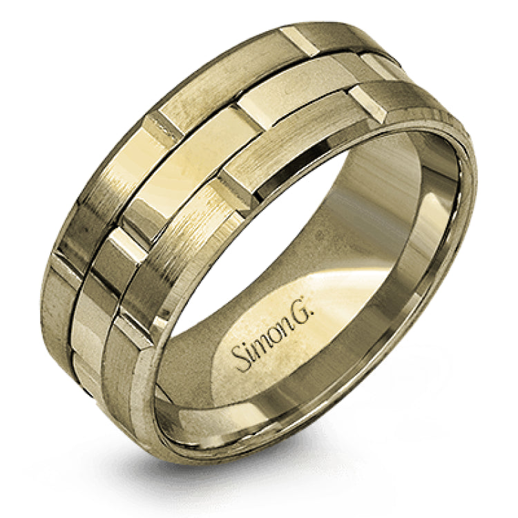 This brilliant two-tone men's wedding band features a center column of sleek yellow gold surrounded by two white gold silhouettes.