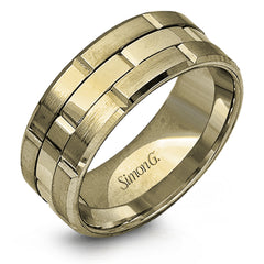 This brilliant two-tone men's wedding band features a center column of sleek yellow gold surrounded by two white gold silhouettes.