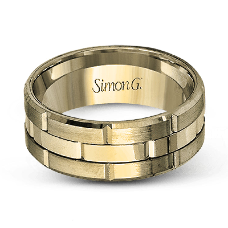 This brilliant two-tone men's wedding band features a center column of sleek yellow gold surrounded by two white gold silhouettes.