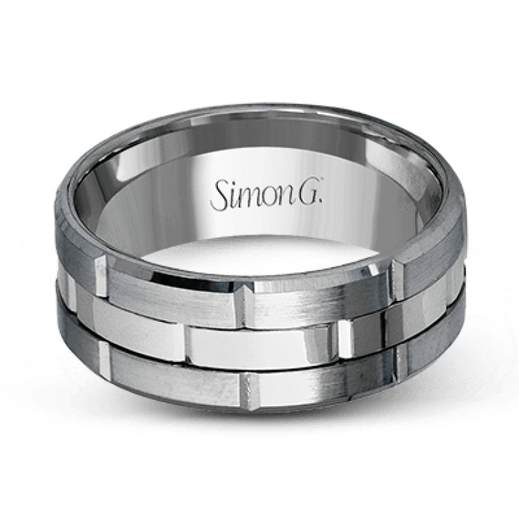 This brilliant two-tone men's wedding band features a center column of sleek yellow gold surrounded by two white gold silhouettes.