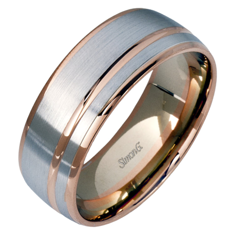 This statement men's wedding band features an accent of 14k rose gold within a 14k white gold background.