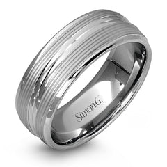 A contemporary ribbed design in lustrous white gold is outlined with two exquisite yellow gold bands in this striking men's wedding band.
