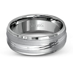 A contemporary ribbed design in lustrous white gold is outlined with two exquisite yellow gold bands in this striking men's wedding band.