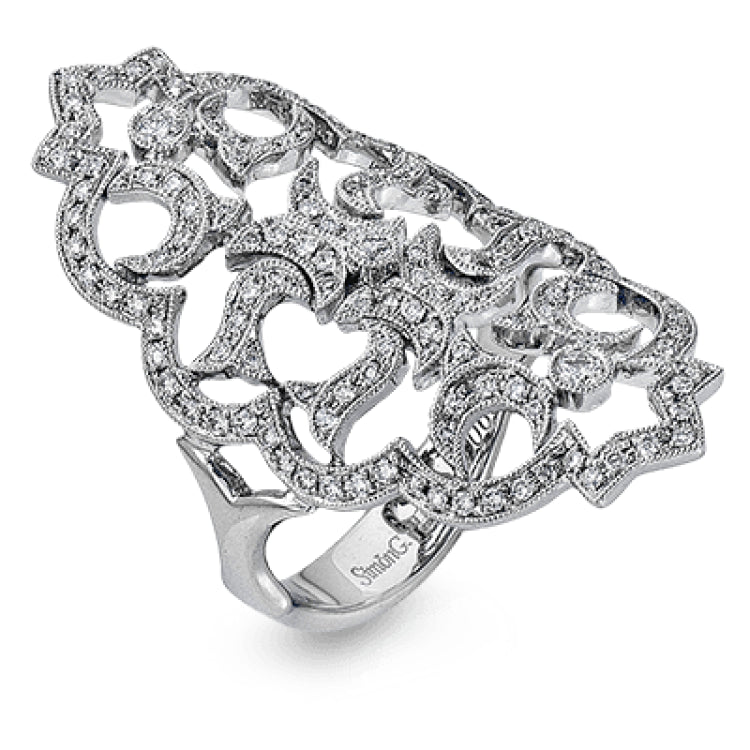 This beautiful ring is fit for royalty with an intricate design containing .60 ctw of round white diamonds.