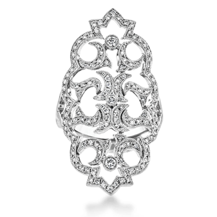 This beautiful ring is fit for royalty with an intricate design containing .60 ctw of round white diamonds.