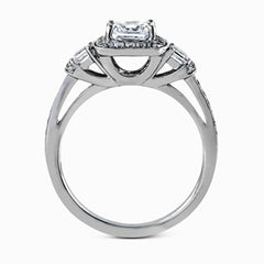 Featuring an intricate design, this white gold engagement ring is emphasized by .26 ctw of round cut white diamonds and .23 ctw of shimmering princess cut white diamonds.