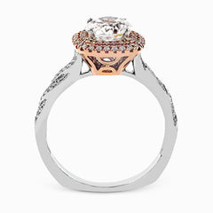 The distinctive twisted design on the band of this contemporary white and rose gold engagement ring is complemented by a gorgeous geometric setting featuring .25 ctw of round cut white diamonds.