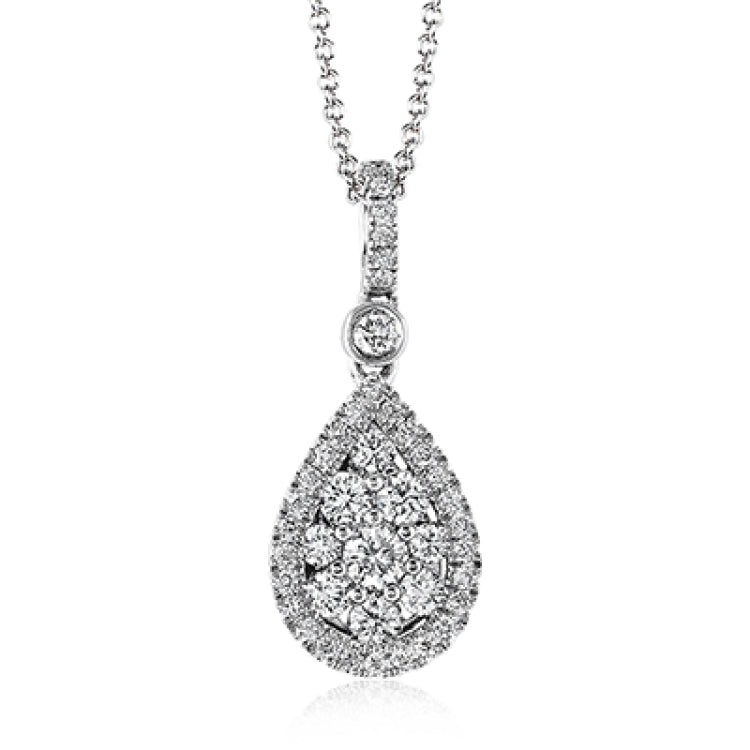 This glimmering teardrop shaped pendant is set with .47 ctw of round white diamonds and suspended from a diamond encrusted bail.