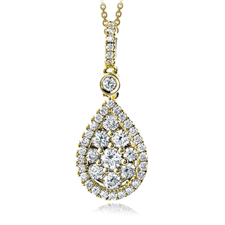 This glimmering teardrop shaped pendant is set with .47 ctw of round white diamonds and suspended from a diamond encrusted bail.