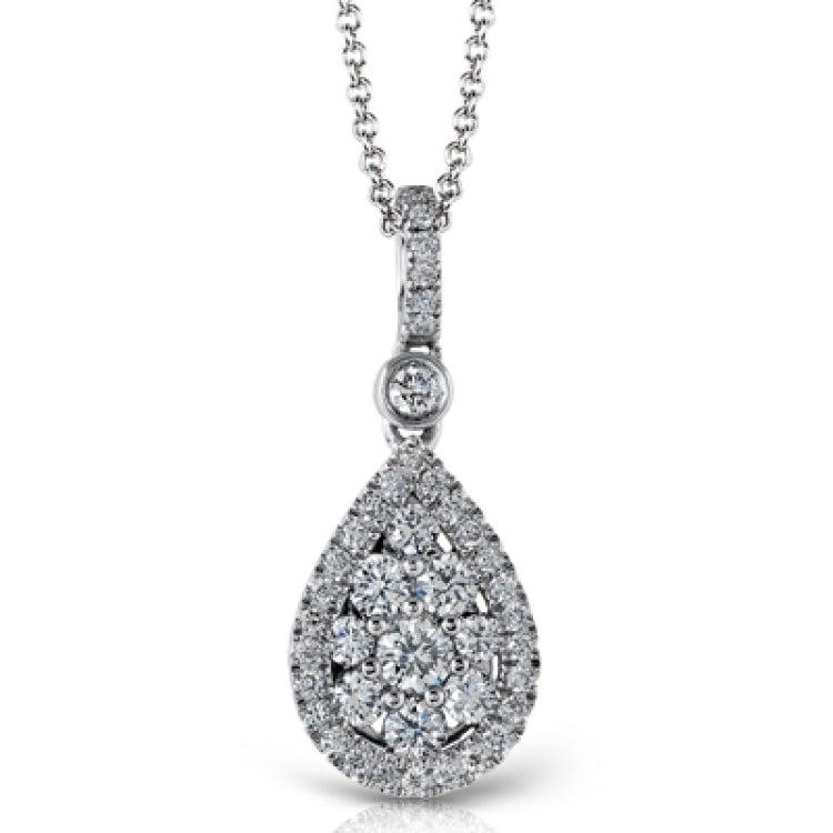 This glimmering teardrop shaped pendant is set with .47 ctw of round white diamonds and suspended from a diamond encrusted bail.