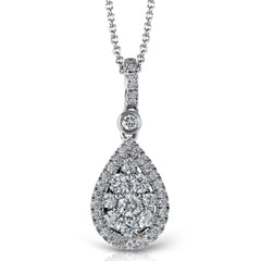 This glimmering teardrop shaped pendant is set with .47 ctw of round white diamonds and suspended from a diamond encrusted bail.