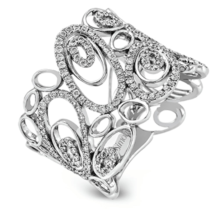 This modern 18k white gold ring has a fun design of repeating ovals set with .60 ctw of white diamonds.
