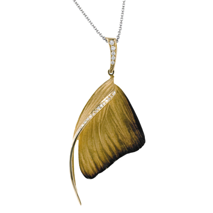 A delicate swirl of .13 ctw white diamonds highlights this contemporary pendant, featuring an eye-catching wood-grain design and suspended from a diamond-encrusted bail.