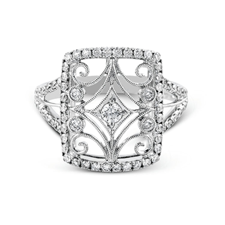 The intricate design of this vintage style white gold ring is enhanced by .64 ctw of glistening round cut white diamonds.