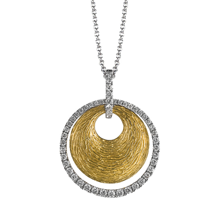 This striking contemporary pendant features an eye-catching geometric design in white and yellow gold accented with .43 ctw round cut white diamonds.
