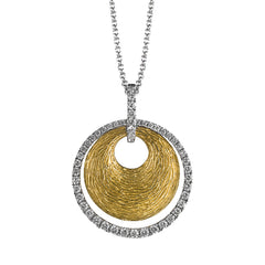This striking contemporary pendant features an eye-catching geometric design in white and yellow gold accented with .43 ctw round cut white diamonds.