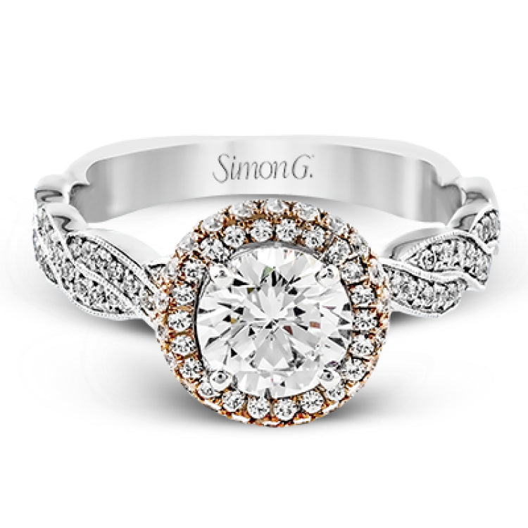 Featuring an elegant twisted contemporary design, this white and rose gold engagement ring complemented by .51 ctw of shimmering round cut white diamonds.