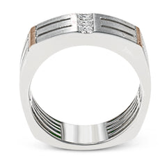 The impressive contemporary style of this men's white gold band is set with .19 ctw of sparkling white diamonds and rose gold accents.
