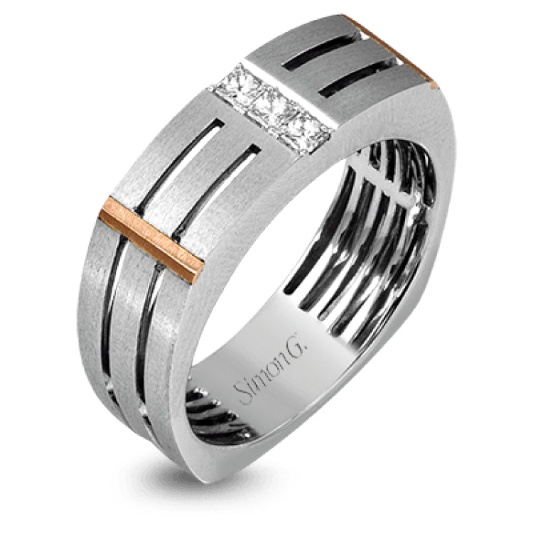 The impressive contemporary style of this men's white gold band is set with .19 ctw of sparkling white diamonds and rose gold accents.