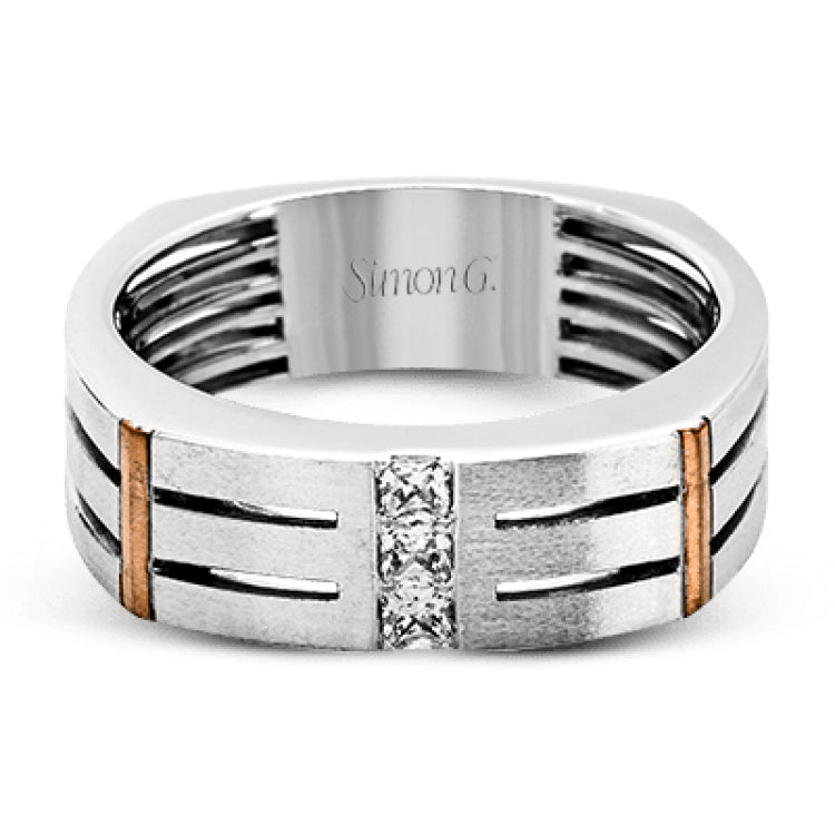 The impressive contemporary style of this men's white gold band is set with .19 ctw of sparkling white diamonds and rose gold accents.