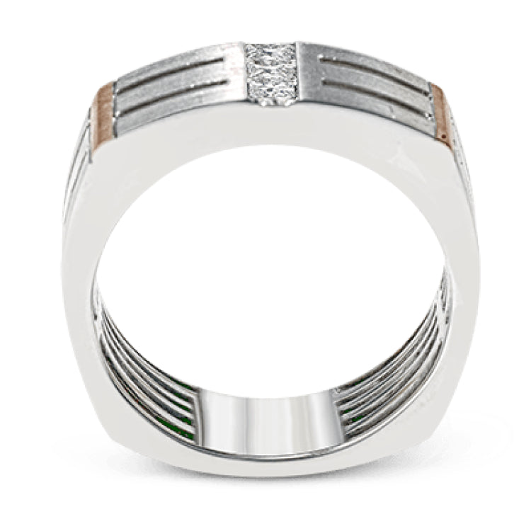 The impressive contemporary style of this men's white gold band is set with .19 ctw of sparkling white diamonds and rose gold accents.