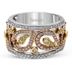 Featuring a gorgeous paisley-inspired design, this white, rose, and yellow gold classic band is set with .41 ctw round cut white diamonds and .23 ctw yellow diamonds.